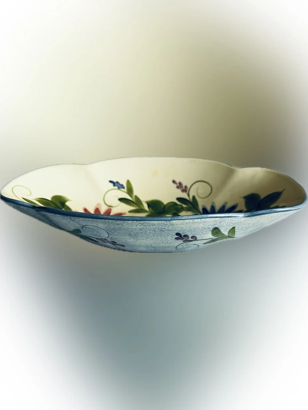 Laurie Gates Hand-Painted Floral Ceramic Dish in Cream with Pink & Blue Flowers